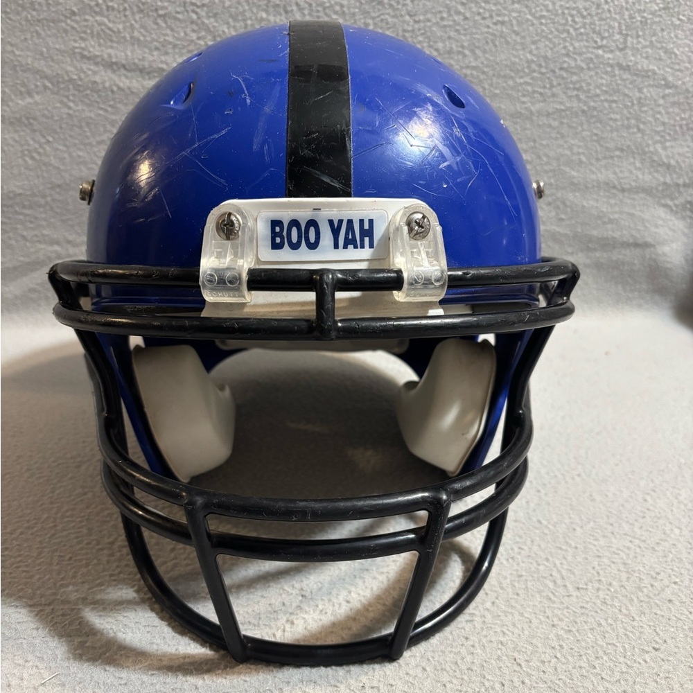 Schutt Youth Blue Football Helmet with Black Stripe BOO YAH sticker w/face mask